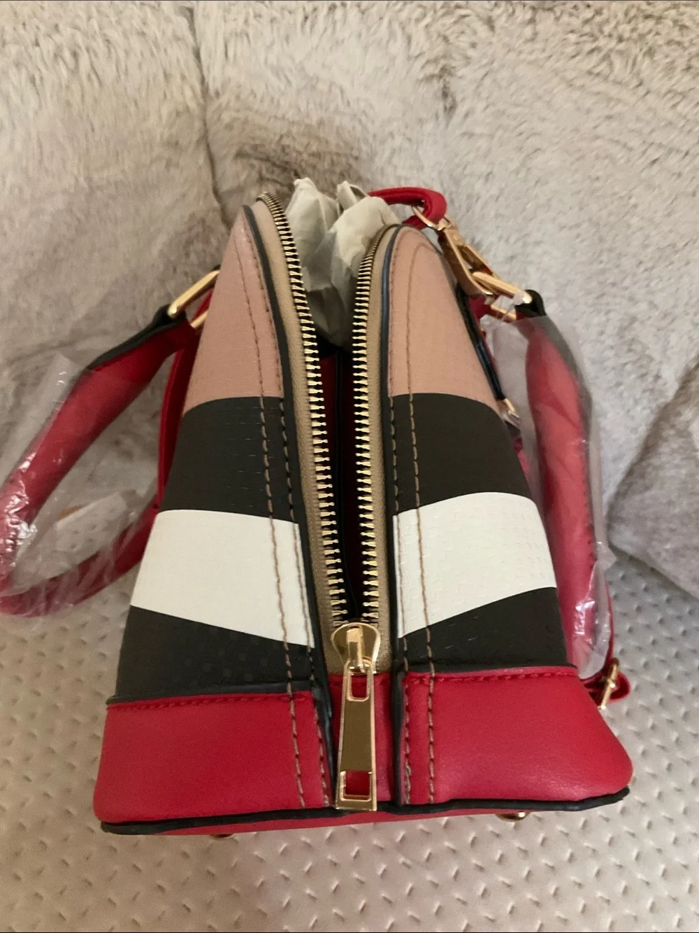 New Multi-Color block Women’s Satchel Bag with Red Accents